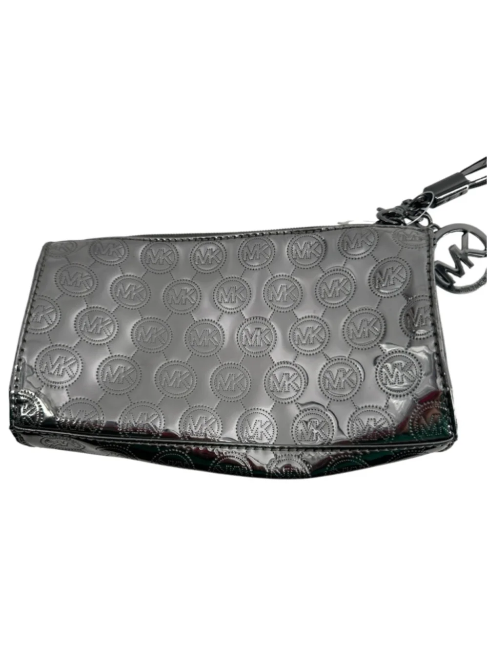 Michael Kors Metallic Gunmetal Embossed MK makeup pouch compartments charm